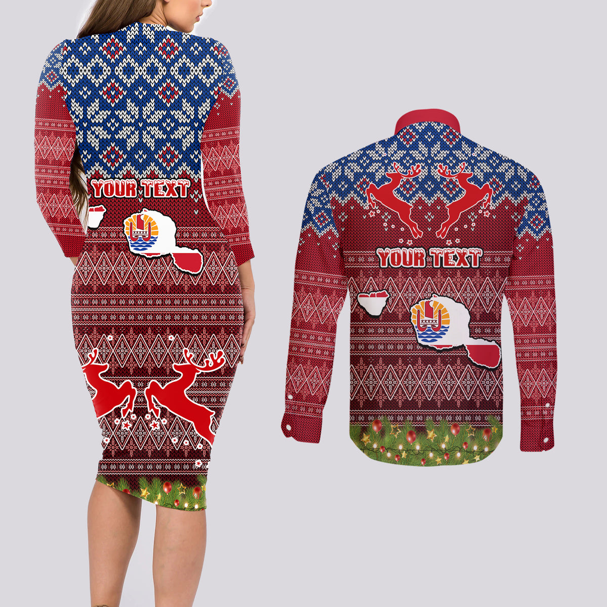 Personalised French Polynesia Christmas Couples Matching Long Sleeve Bodycon Dress and Long Sleeve Button Shirts Coat of Arms and Map Beautiful Merry Xmas Snowflake LT03 - Polynesian Pride