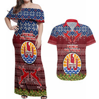 Personalised French Polynesia Christmas Couples Matching Off Shoulder Maxi Dress and Hawaiian Shirt Coat of Arms and Map Beautiful Merry Xmas Snowflake LT03 Red - Polynesian Pride