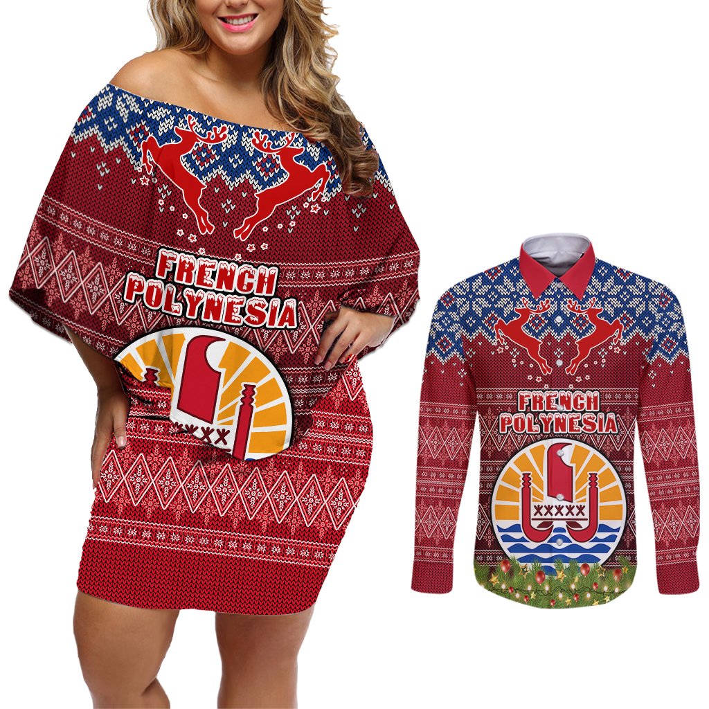 personalised-french-polynesia-christmas-couples-matching-off-shoulder-short-dress-and-long-sleeve-button-shirts-coat-of-arms-and-map-beautiful-merry-xmas-snowflake