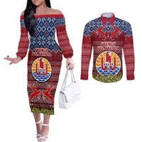 Personalised French Polynesia Christmas Couples Matching Off The Shoulder Long Sleeve Dress and Long Sleeve Button Shirts Coat of Arms and Map Beautiful Merry Xmas Snowflake LT03 Red - Polynesian Pride