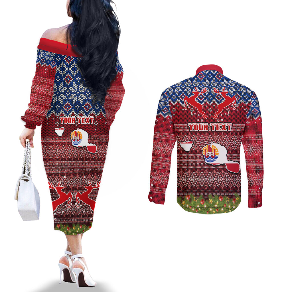 Personalised French Polynesia Christmas Couples Matching Off The Shoulder Long Sleeve Dress and Long Sleeve Button Shirts Coat of Arms and Map Beautiful Merry Xmas Snowflake LT03 - Polynesian Pride