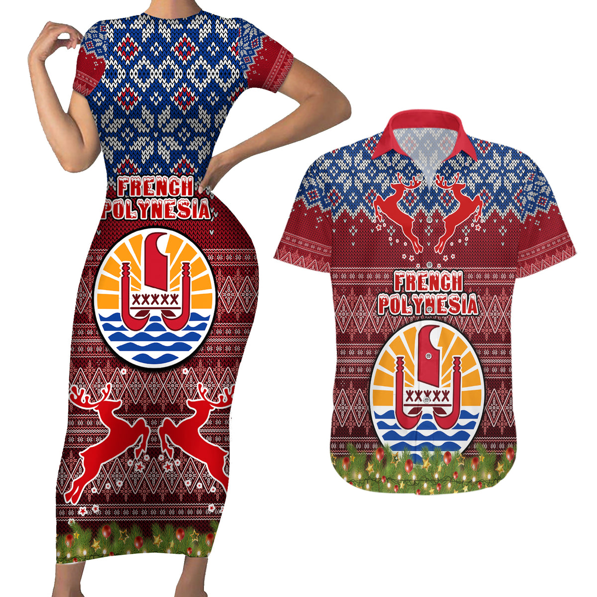 Personalised French Polynesia Christmas Couples Matching Short Sleeve Bodycon Dress and Hawaiian Shirt Coat of Arms and Map Beautiful Merry Xmas Snowflake LT03 Red - Polynesian Pride