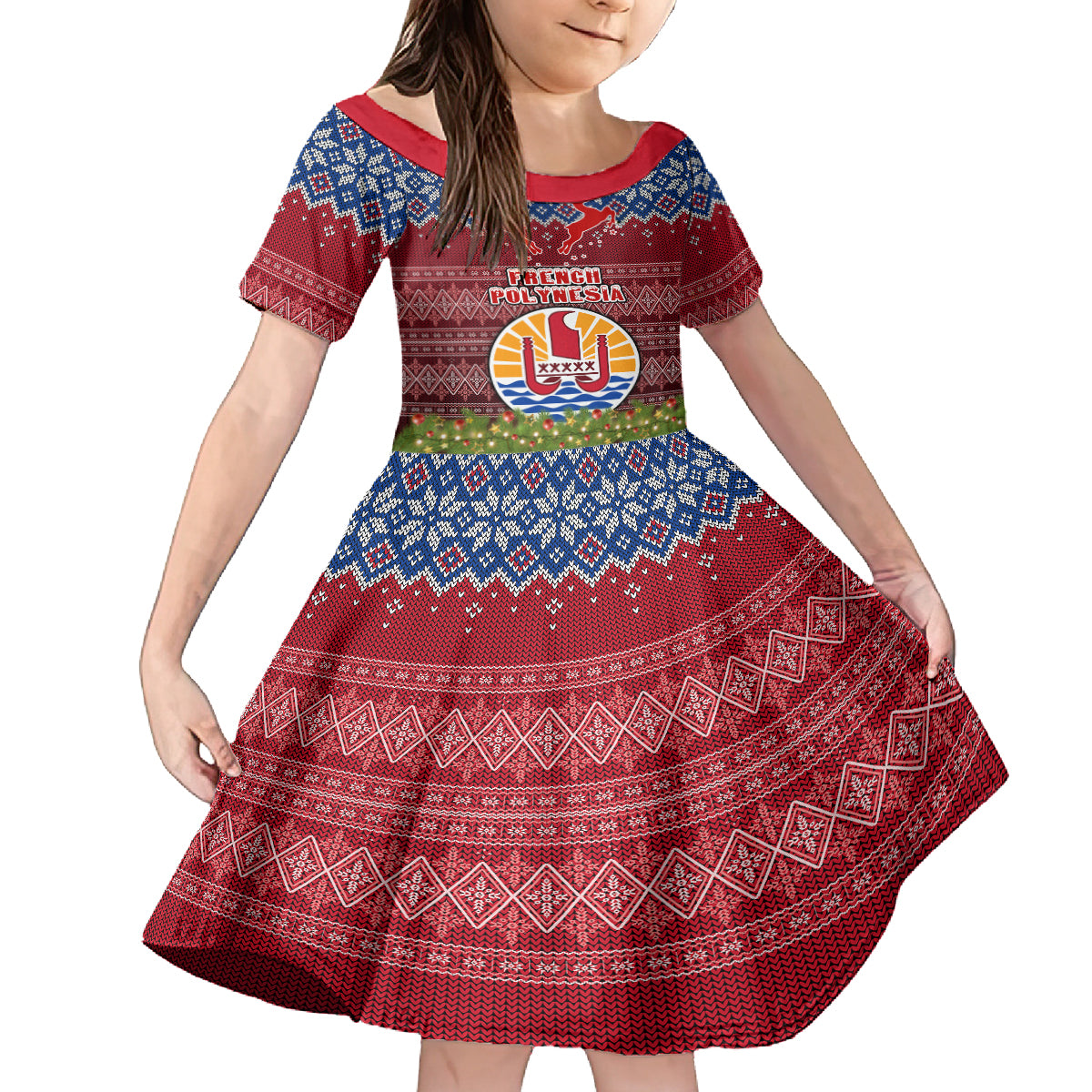 Personalised French Polynesia Christmas Family Matching Long Sleeve Bodycon Dress and Hawaiian Shirt Coat of Arms and Map Beautiful Merry Xmas Snowflake LT03 Daughter's Dress Red - Polynesian Pride
