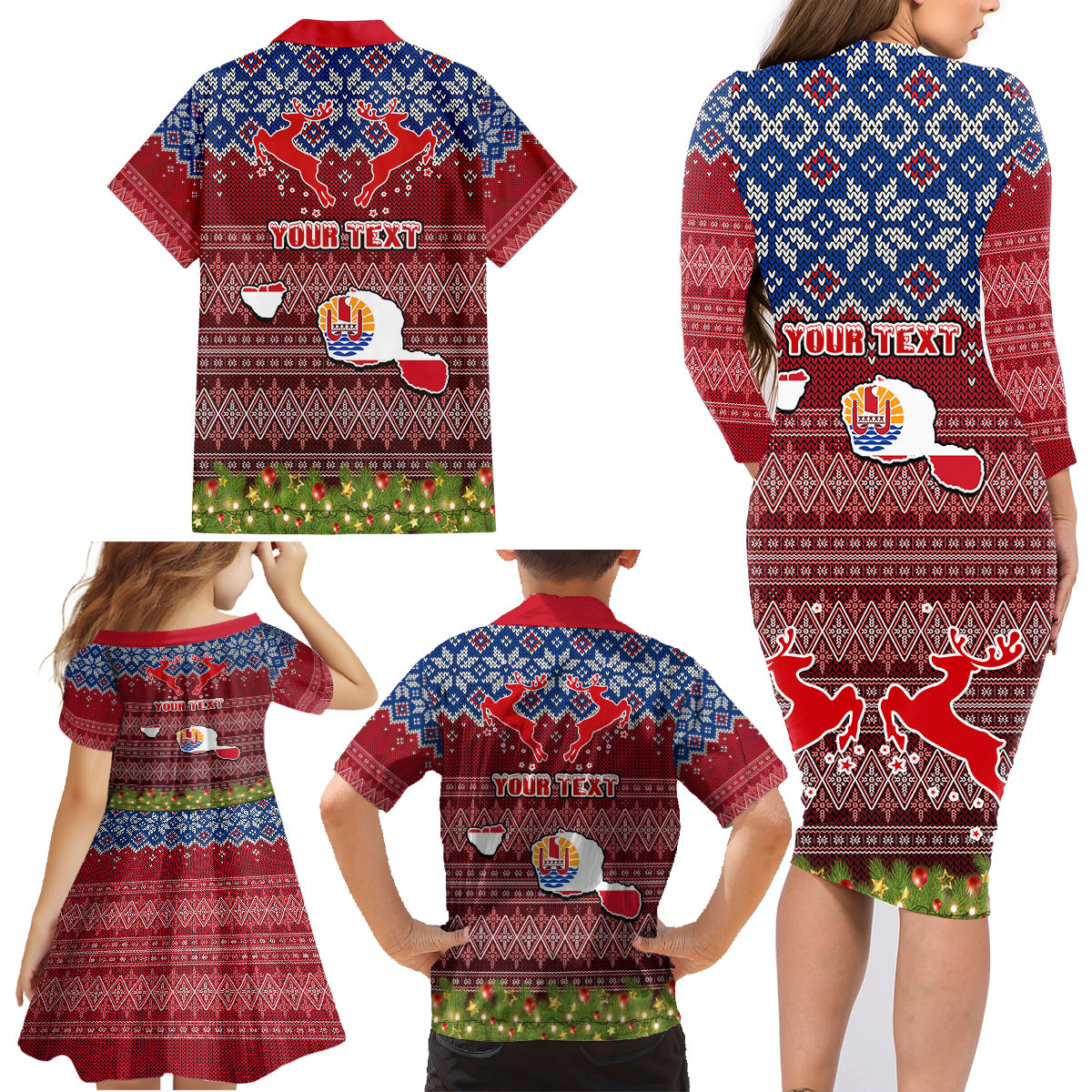 Personalised French Polynesia Christmas Family Matching Long Sleeve Bodycon Dress and Hawaiian Shirt Coat of Arms and Map Beautiful Merry Xmas Snowflake LT03 - Polynesian Pride