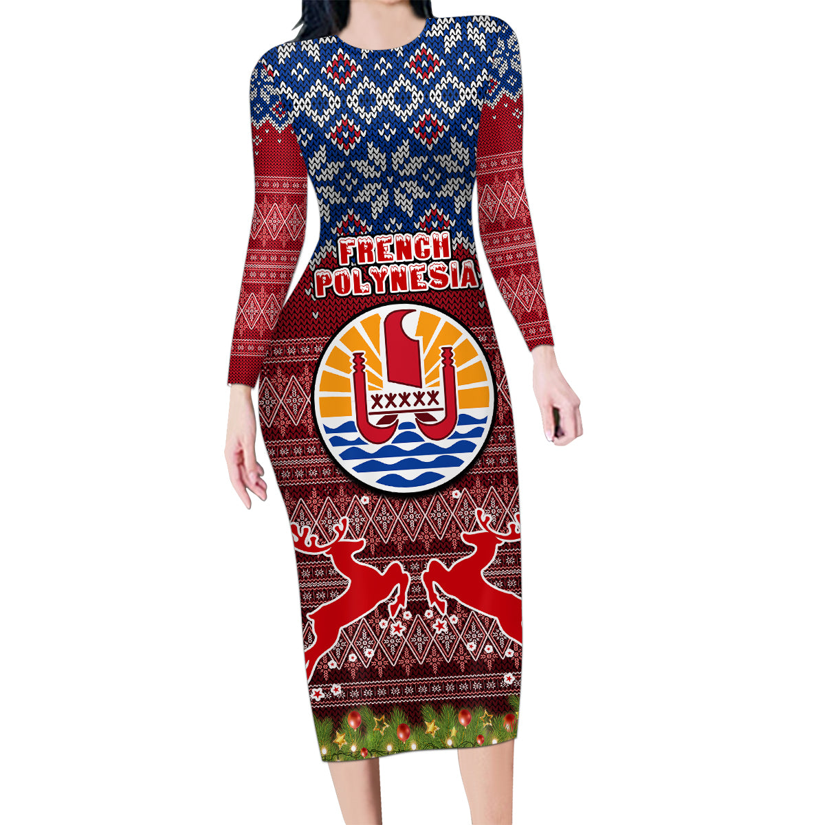 Personalised French Polynesia Christmas Family Matching Long Sleeve Bodycon Dress and Hawaiian Shirt Coat of Arms and Map Beautiful Merry Xmas Snowflake LT03 Mom's Dress Red - Polynesian Pride