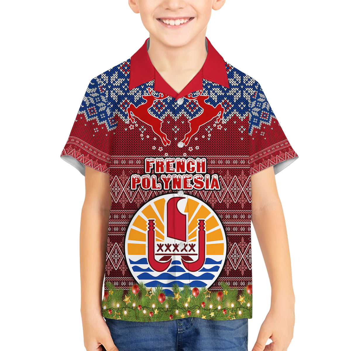 Personalised French Polynesia Christmas Family Matching Long Sleeve Bodycon Dress and Hawaiian Shirt Coat of Arms and Map Beautiful Merry Xmas Snowflake LT03 Son's Shirt Red - Polynesian Pride
