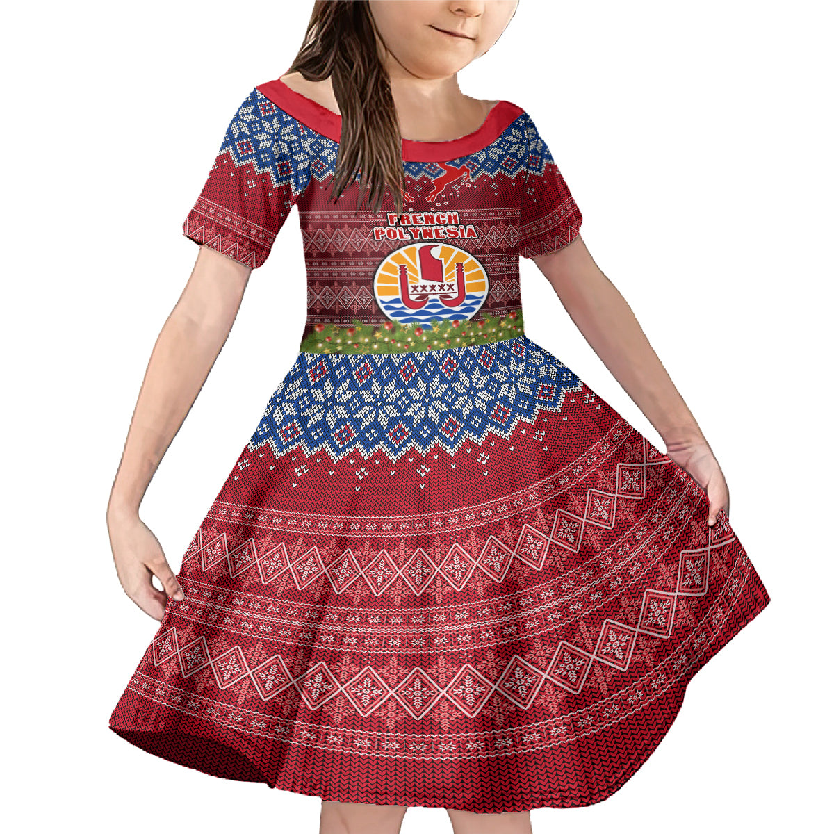 Personalised French Polynesia Christmas Family Matching Mermaid Dress and Hawaiian Shirt Coat of Arms and Map Beautiful Merry Xmas Snowflake LT03 Daughter's Dress Red - Polynesian Pride