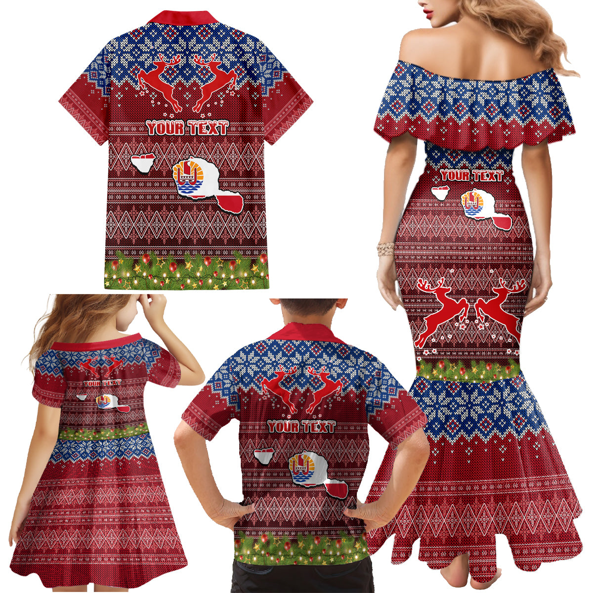 Personalised French Polynesia Christmas Family Matching Mermaid Dress and Hawaiian Shirt Coat of Arms and Map Beautiful Merry Xmas Snowflake LT03 - Polynesian Pride