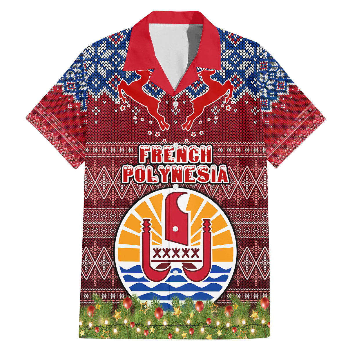 Personalised French Polynesia Christmas Family Matching Mermaid Dress and Hawaiian Shirt Coat of Arms and Map Beautiful Merry Xmas Snowflake LT03 Dad's Shirt - Short Sleeve Red - Polynesian Pride