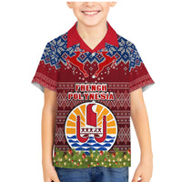 Personalised French Polynesia Christmas Family Matching Mermaid Dress and Hawaiian Shirt Coat of Arms and Map Beautiful Merry Xmas Snowflake LT03 Son's Shirt Red - Polynesian Pride