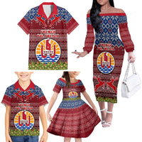 Personalised French Polynesia Christmas Family Matching Off Shoulder Long Sleeve Dress and Hawaiian Shirt Coat of Arms and Map Beautiful Merry Xmas Snowflake LT03 - Polynesian Pride