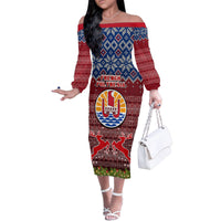Personalised French Polynesia Christmas Family Matching Off Shoulder Long Sleeve Dress and Hawaiian Shirt Coat of Arms and Map Beautiful Merry Xmas Snowflake LT03 Mom's Dress Red - Polynesian Pride
