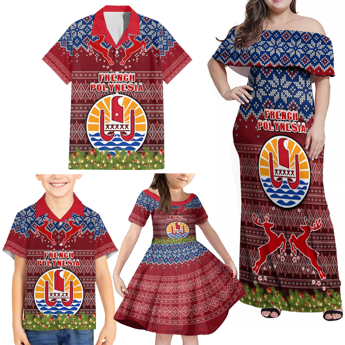 Personalised French Polynesia Christmas Family Matching Off Shoulder Maxi Dress and Hawaiian Shirt Coat of Arms and Map Beautiful Merry Xmas Snowflake LT03 - Polynesian Pride