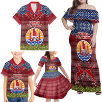 Personalised French Polynesia Christmas Family Matching Off Shoulder Maxi Dress and Hawaiian Shirt Coat of Arms and Map Beautiful Merry Xmas Snowflake LT03 - Polynesian Pride
