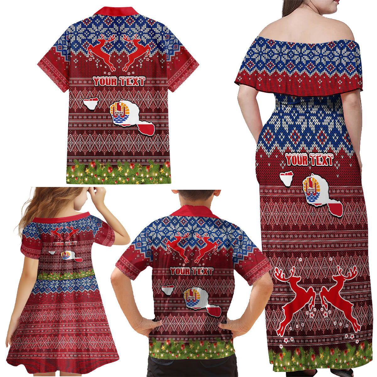 Personalised French Polynesia Christmas Family Matching Off Shoulder Maxi Dress and Hawaiian Shirt Coat of Arms and Map Beautiful Merry Xmas Snowflake LT03 - Polynesian Pride