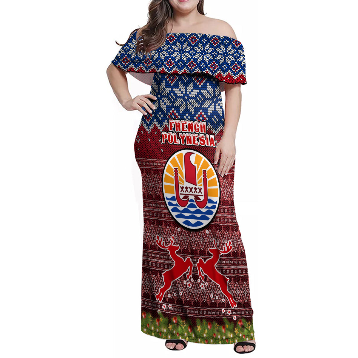 Personalised French Polynesia Christmas Family Matching Off Shoulder Maxi Dress and Hawaiian Shirt Coat of Arms and Map Beautiful Merry Xmas Snowflake LT03 Dad's Shirt - Long Sleeve Red - Polynesian Pride