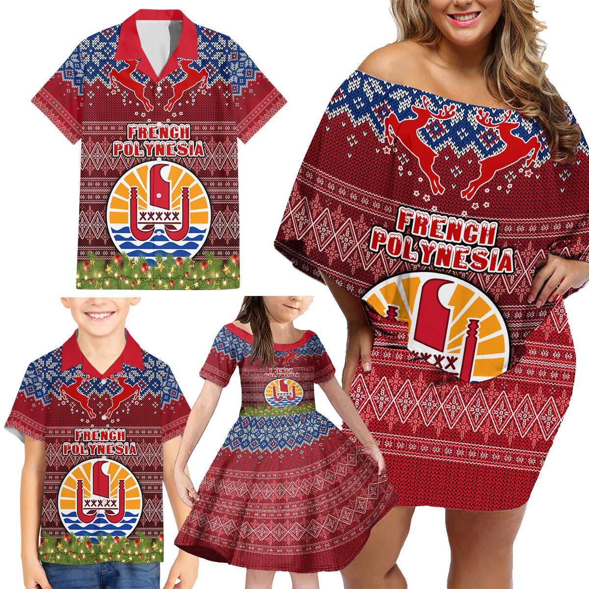 Personalised French Polynesia Christmas Family Matching Off Shoulder Short Dress and Hawaiian Shirt Coat of Arms and Map Beautiful Merry Xmas Snowflake LT03 - Polynesian Pride