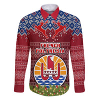 Personalised French Polynesia Christmas Family Matching Off Shoulder Short Dress and Hawaiian Shirt Coat of Arms and Map Beautiful Merry Xmas Snowflake LT03 Dad's Shirt - Long Sleeve Red - Polynesian Pride