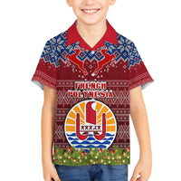 Personalised French Polynesia Christmas Family Matching Off Shoulder Short Dress and Hawaiian Shirt Coat of Arms and Map Beautiful Merry Xmas Snowflake LT03 Son's Shirt Red - Polynesian Pride
