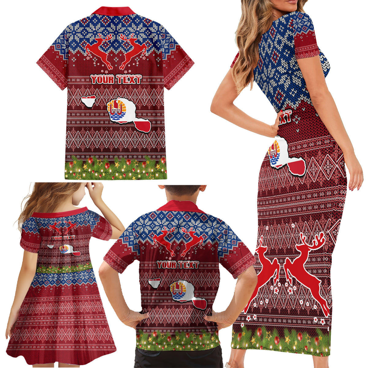 Personalised French Polynesia Christmas Family Matching Short Sleeve Bodycon Dress and Hawaiian Shirt Coat of Arms and Map Beautiful Merry Xmas Snowflake LT03 - Polynesian Pride
