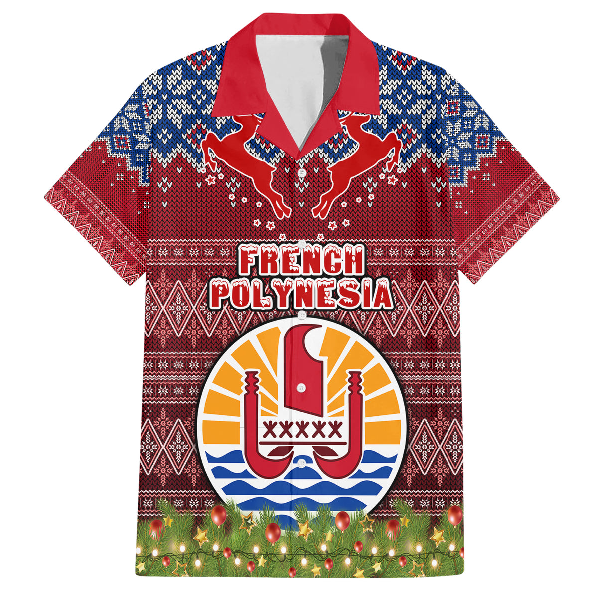Personalised French Polynesia Christmas Family Matching Short Sleeve Bodycon Dress and Hawaiian Shirt Coat of Arms and Map Beautiful Merry Xmas Snowflake LT03 Dad's Shirt - Short Sleeve Red - Polynesian Pride