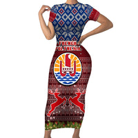Personalised French Polynesia Christmas Family Matching Short Sleeve Bodycon Dress and Hawaiian Shirt Coat of Arms and Map Beautiful Merry Xmas Snowflake LT03 Mom's Dress Red - Polynesian Pride