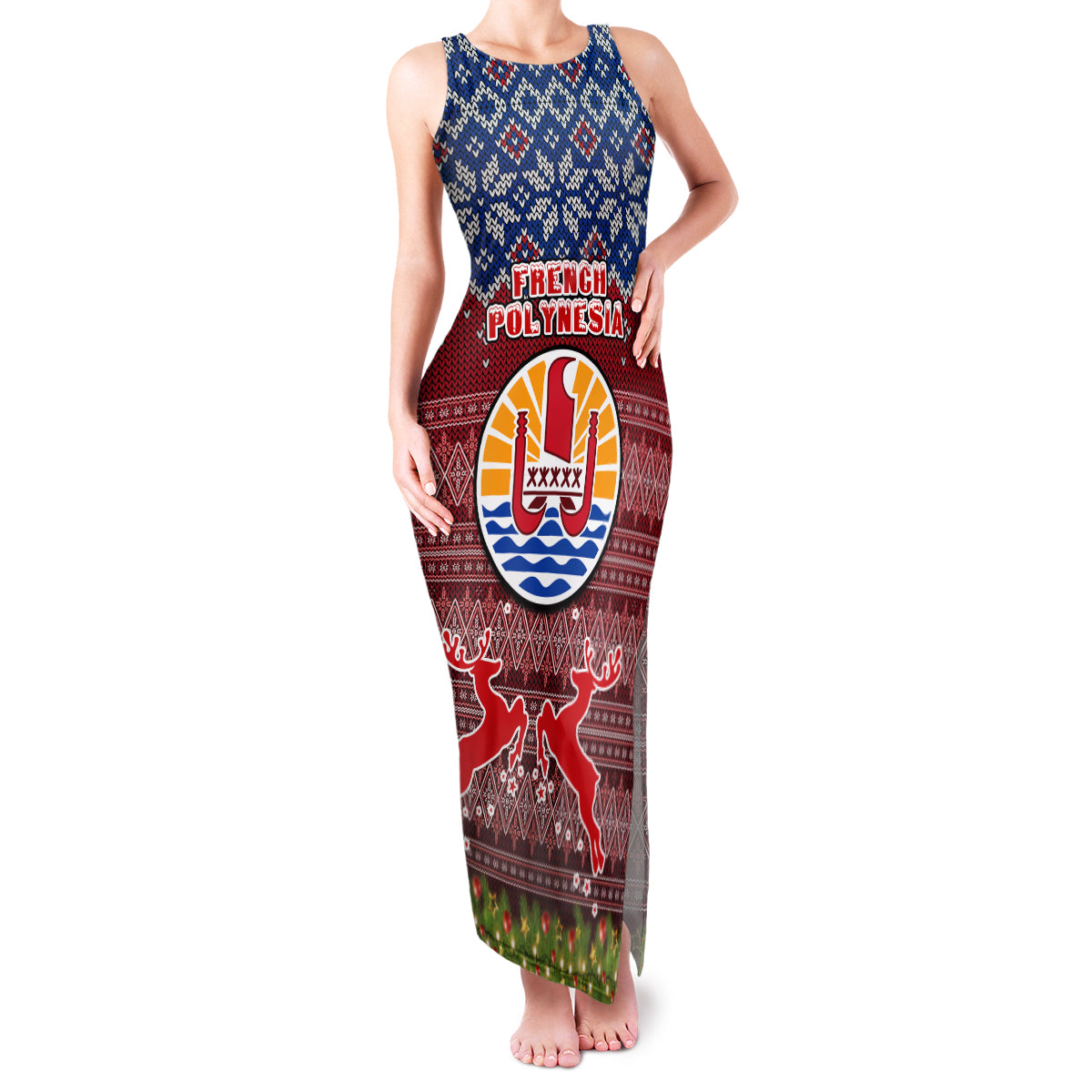 Personalised French Polynesia Christmas Family Matching Tank Maxi Dress and Hawaiian Shirt Coat of Arms and Map Beautiful Merry Xmas Snowflake LT03 Mom's Dress Red - Polynesian Pride
