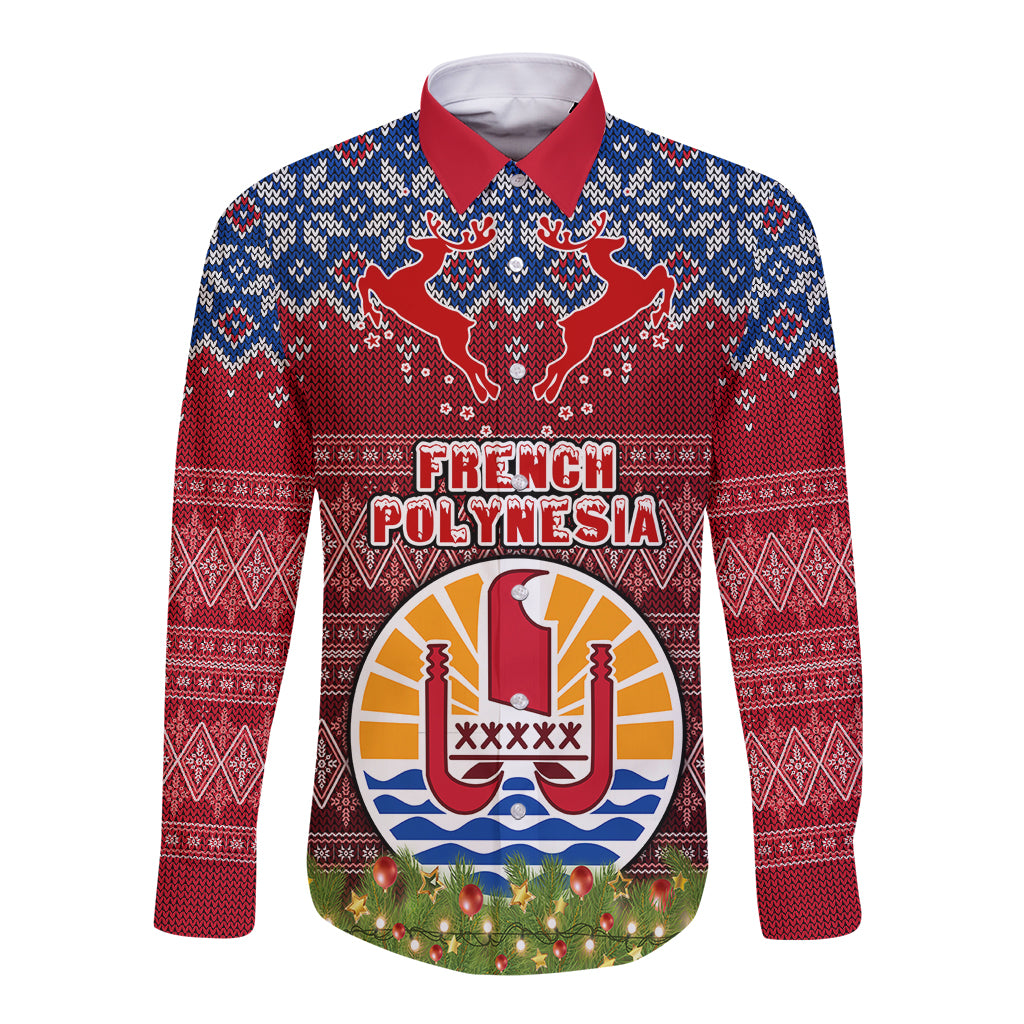 Personalised French Polynesia Christmas Long Sleeve Button Shirt Coat of Arms and Map Beautiful Merry Xmas Snowflake LT03 Unisex Red - Polynesian Pride