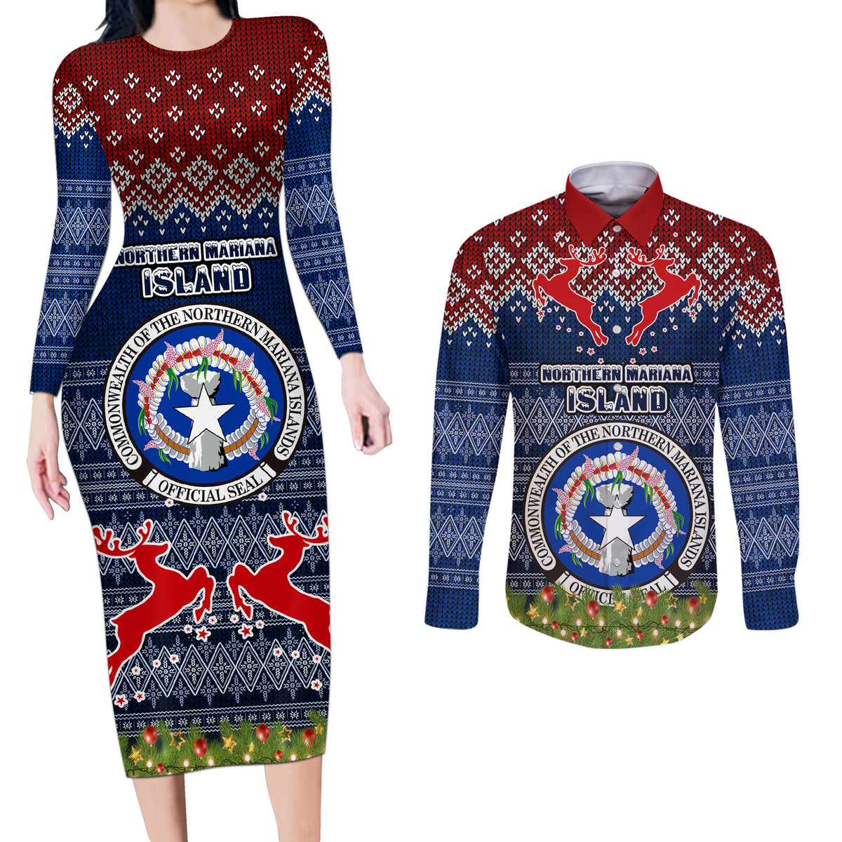 Personalised Northern Mariana Islands Christmas Couples Matching Long Sleeve Bodycon Dress and Long Sleeve Button Shirts Coat of Arms and Map Beautiful Merry Xmas Snowflake LT03 Blue - Polynesian Pride