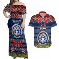 Personalised Northern Mariana Islands Christmas Couples Matching Off Shoulder Maxi Dress and Hawaiian Shirt Coat of Arms and Map Beautiful Merry Xmas Snowflake LT03 Blue - Polynesian Pride