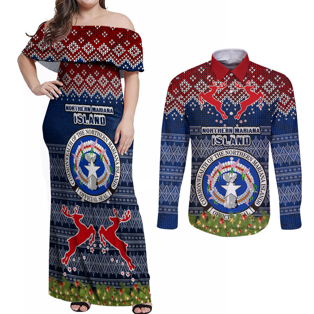Personalised Northern Mariana Islands Christmas Couples Matching Off Shoulder Maxi Dress and Long Sleeve Button Shirts Coat of Arms and Map Beautiful Merry Xmas Snowflake LT03 Blue - Polynesian Pride