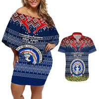 Personalised Northern Mariana Islands Christmas Couples Matching Off Shoulder Short Dress and Hawaiian Shirt Coat of Arms and Map Beautiful Merry Xmas Snowflake LT03 Blue - Polynesian Pride