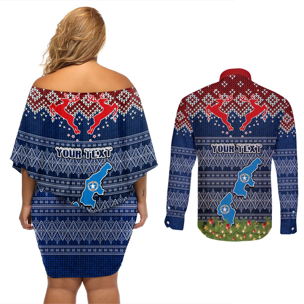 Personalised Northern Mariana Islands Christmas Couples Matching Off Shoulder Short Dress and Long Sleeve Button Shirts Coat of Arms and Map Beautiful Merry Xmas Snowflake LT03 - Polynesian Pride