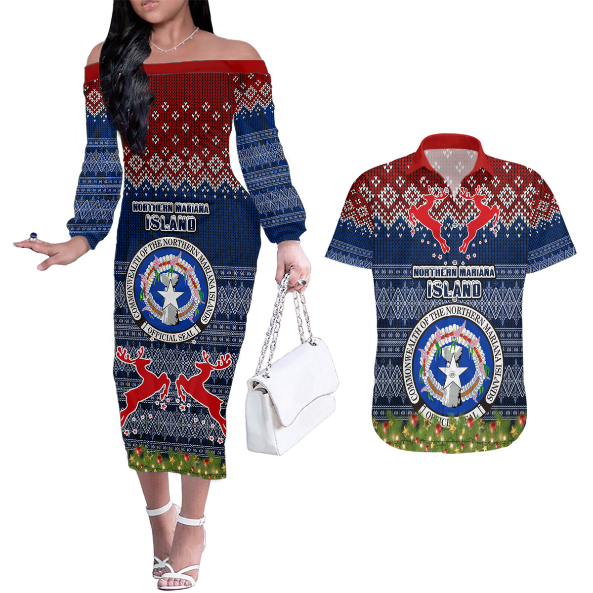 Personalised Northern Mariana Islands Christmas Couples Matching Off The Shoulder Long Sleeve Dress and Hawaiian Shirt Coat of Arms and Map Beautiful Merry Xmas Snowflake LT03 Blue - Polynesian Pride