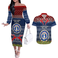 Personalised Northern Mariana Islands Christmas Couples Matching Off The Shoulder Long Sleeve Dress and Hawaiian Shirt Coat of Arms and Map Beautiful Merry Xmas Snowflake LT03 Blue - Polynesian Pride