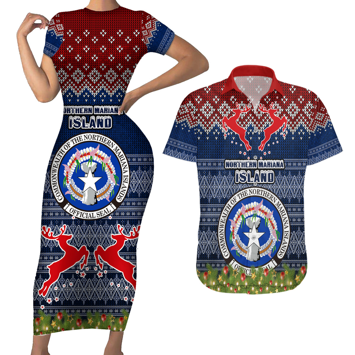 Personalised Northern Mariana Islands Christmas Couples Matching Short Sleeve Bodycon Dress and Hawaiian Shirt Coat of Arms and Map Beautiful Merry Xmas Snowflake LT03 Blue - Polynesian Pride