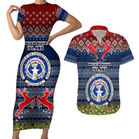 Personalised Northern Mariana Islands Christmas Couples Matching Short Sleeve Bodycon Dress and Hawaiian Shirt Coat of Arms and Map Beautiful Merry Xmas Snowflake LT03 Blue - Polynesian Pride