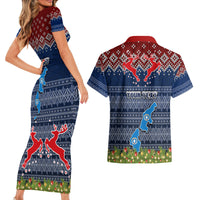 Personalised Northern Mariana Islands Christmas Couples Matching Short Sleeve Bodycon Dress and Hawaiian Shirt Coat of Arms and Map Beautiful Merry Xmas Snowflake LT03 - Polynesian Pride