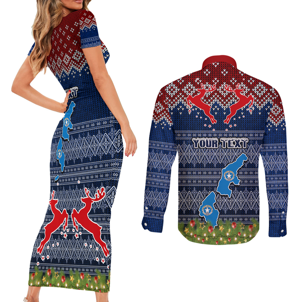 Personalised Northern Mariana Islands Christmas Couples Matching Short Sleeve Bodycon Dress and Long Sleeve Button Shirts Coat of Arms and Map Beautiful Merry Xmas Snowflake LT03 - Polynesian Pride