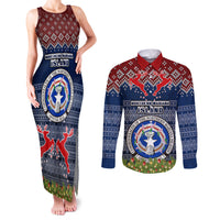 Personalised Northern Mariana Islands Christmas Couples Matching Tank Maxi Dress and Long Sleeve Button Shirts Coat of Arms and Map Beautiful Merry Xmas Snowflake LT03 Blue - Polynesian Pride