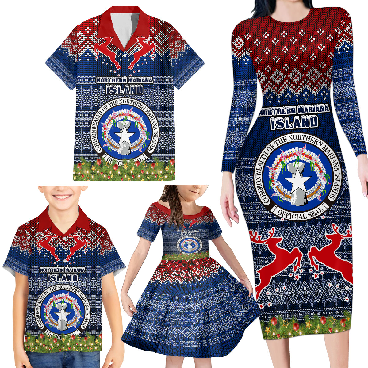 Personalised Northern Mariana Islands Christmas Family Matching Long Sleeve Bodycon Dress and Hawaiian Shirt Coat of Arms and Map Beautiful Merry Xmas Snowflake LT03 - Polynesian Pride