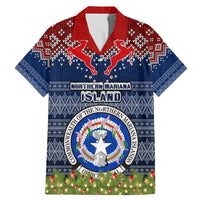 Personalised Northern Mariana Islands Christmas Family Matching Mermaid Dress and Hawaiian Shirt Coat of Arms and Map Beautiful Merry Xmas Snowflake LT03 Dad's Shirt - Short Sleeve Blue - Polynesian Pride