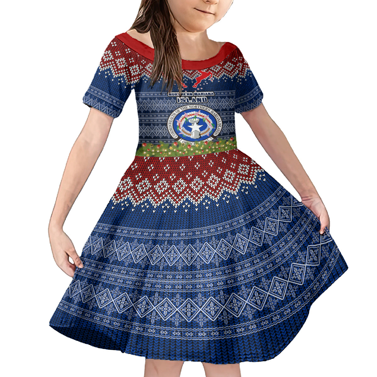 Personalised Northern Mariana Islands Christmas Family Matching Off Shoulder Long Sleeve Dress and Hawaiian Shirt Coat of Arms and Map Beautiful Merry Xmas Snowflake LT03 Daughter's Dress Blue - Polynesian Pride