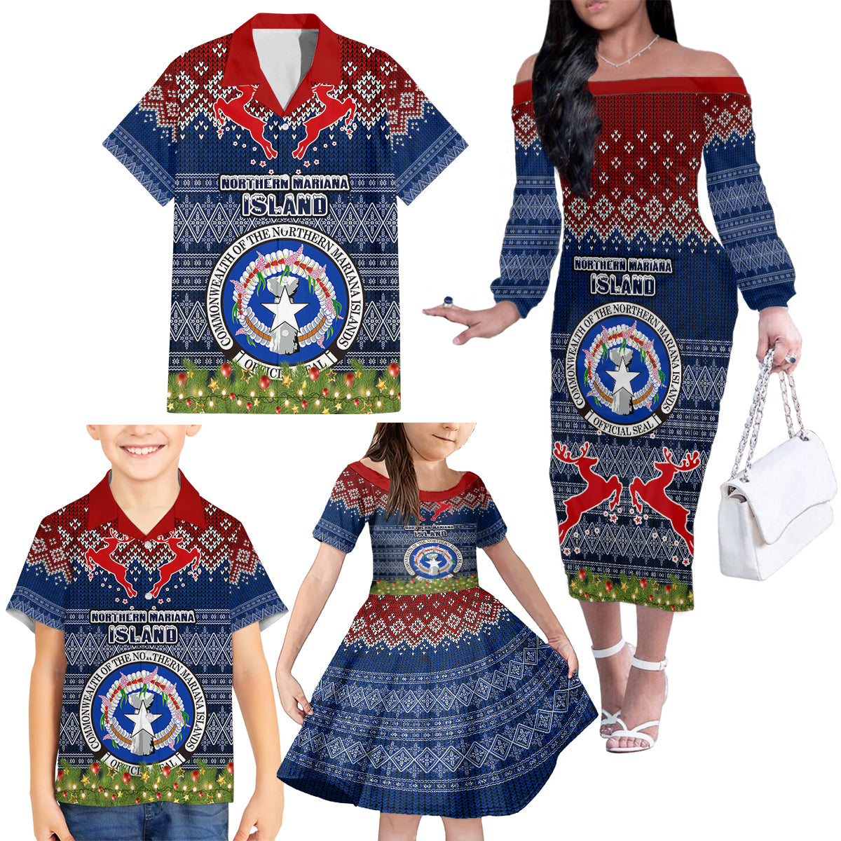 Personalised Northern Mariana Islands Christmas Family Matching Off Shoulder Long Sleeve Dress and Hawaiian Shirt Coat of Arms and Map Beautiful Merry Xmas Snowflake LT03 - Polynesian Pride
