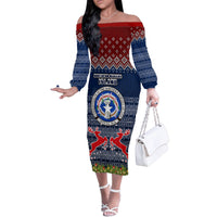 Personalised Northern Mariana Islands Christmas Family Matching Off Shoulder Long Sleeve Dress and Hawaiian Shirt Coat of Arms and Map Beautiful Merry Xmas Snowflake LT03 Mom's Dress Blue - Polynesian Pride