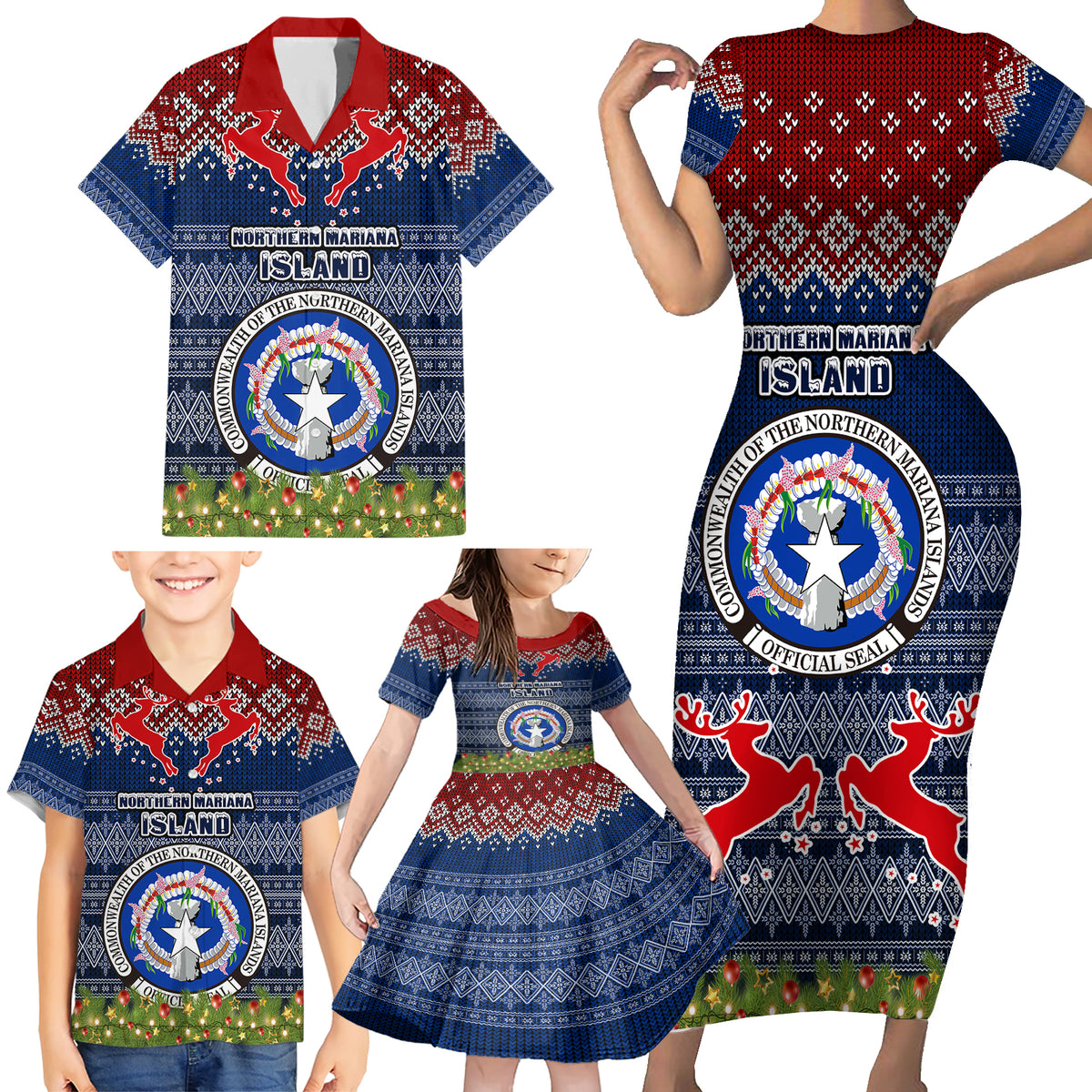 Personalised Northern Mariana Islands Christmas Family Matching Short Sleeve Bodycon Dress and Hawaiian Shirt Coat of Arms and Map Beautiful Merry Xmas Snowflake LT03 - Polynesian Pride