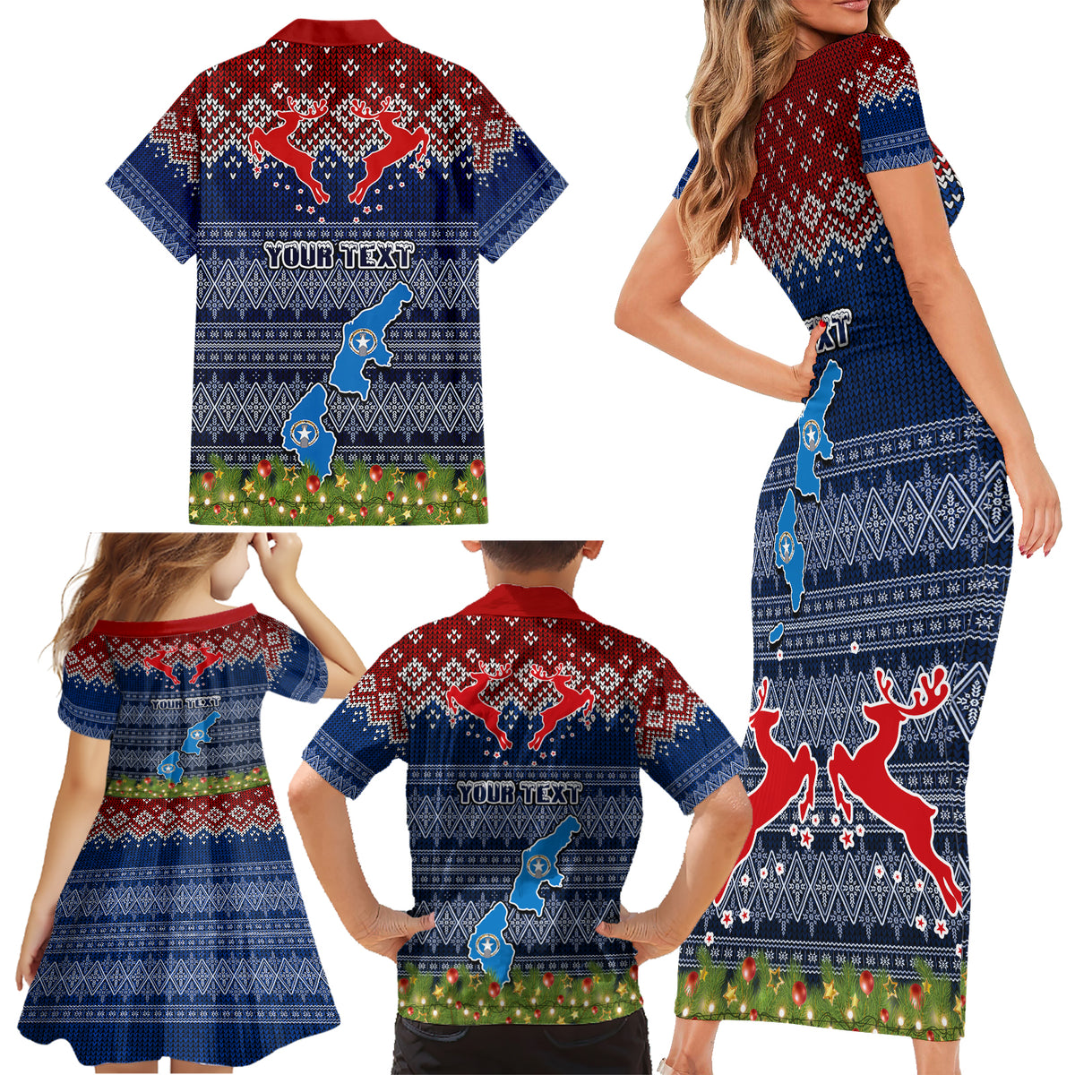 Personalised Northern Mariana Islands Christmas Family Matching Short Sleeve Bodycon Dress and Hawaiian Shirt Coat of Arms and Map Beautiful Merry Xmas Snowflake LT03 - Polynesian Pride