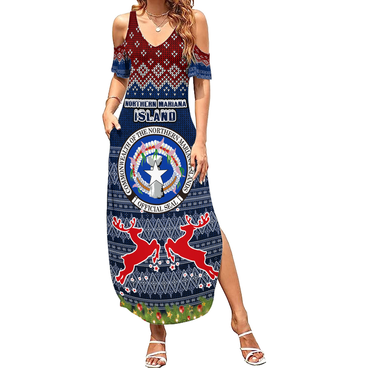 Personalised Northern Mariana Islands Christmas Family Matching Summer Maxi Dress and Hawaiian Shirt Coat of Arms and Map Beautiful Merry Xmas Snowflake LT03 Mom's Dress Blue - Polynesian Pride