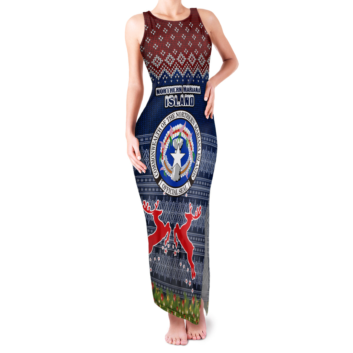 Personalised Northern Mariana Islands Christmas Family Matching Tank Maxi Dress and Hawaiian Shirt Coat of Arms and Map Beautiful Merry Xmas Snowflake LT03 Mom's Dress Blue - Polynesian Pride