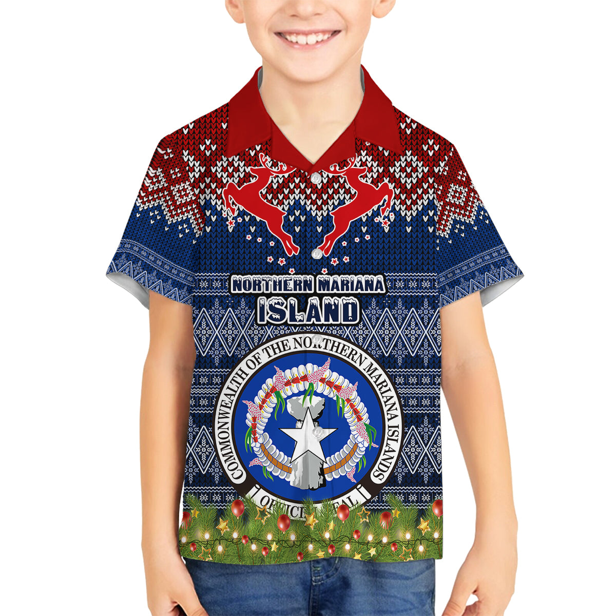 personalised-northern-mariana-islands-christmas-kid-hawaiian-shirt-coat-of-arms-and-map-beautiful-merry-xmas-snowflake